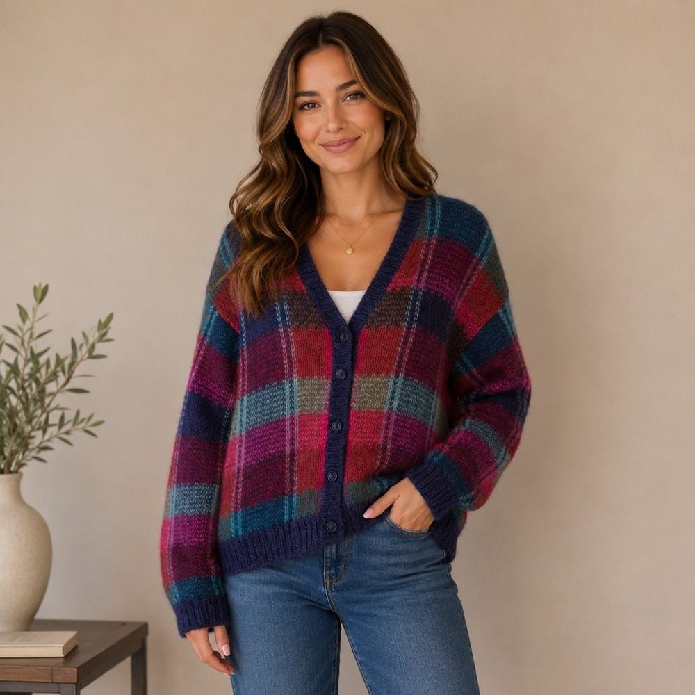 Vintage 80s Epogee Mohair Blend Cardigan Sweater Womens Small Multicolor‎ Plaid